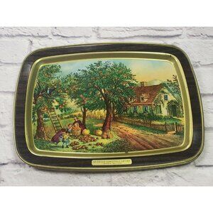 Currier and Ives American Homestead Autumn Fall Metal Serving Tray 15”x11”